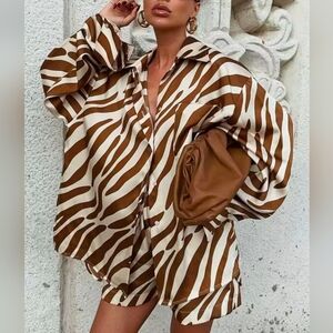 Chic Zebra Print Button Down Shirt And Shorts Set